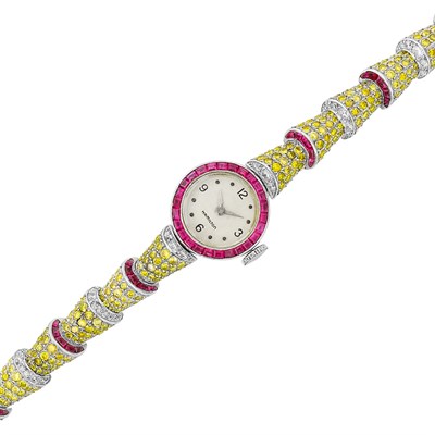 Lot 133 - Platinum, Fancy Colored Yellow Diamond, Diamond and Ruby Wristwatch, Oscar Heyman Brothers