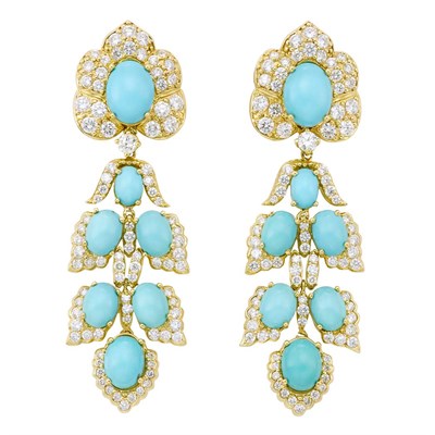 Lot 404 - Pair of Gold, Turquoise and Diamond Pendant-Earrings