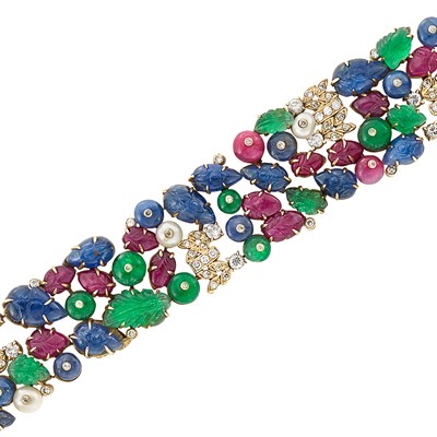 Lot 300 - Gold, Carved Colored Stone and Bead, Diamond and Cultured Pearl 'Tutti Frutti' Bracelet