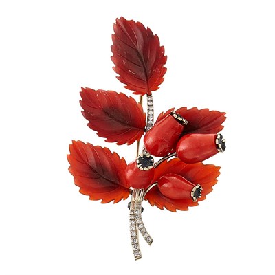 Lot 1052 - Gold, Carved Carnelian, Coral and Diamond Brooch