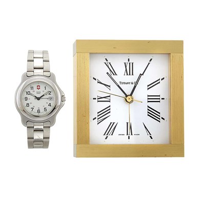 Lot 1441 - Stainless Steel Wristwatch, Swiss Army, and Desk Clock, Tiffany & Co.