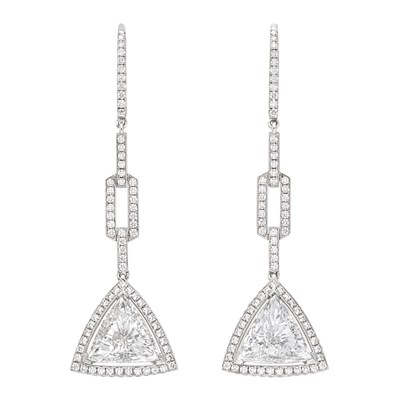 Lot 3274 - Pair of Platinum and Diamond Pendant-Earrings