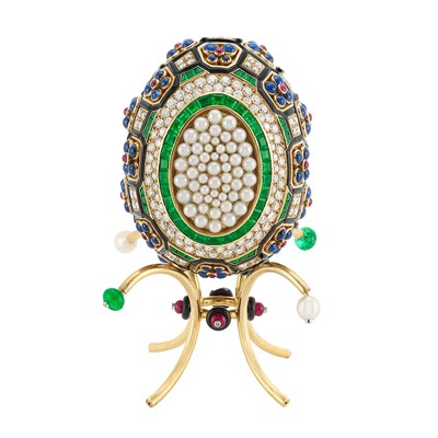 Lot 291 - Gold, Diamond, Gem-Set, Black Enamel and Cultured Pearl Egg Objet with Stand, Asprey
