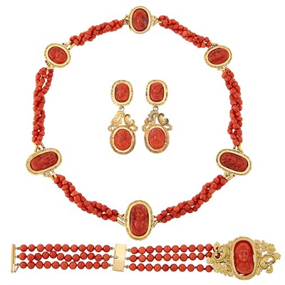 Lot 1253 - Group of Gold, Faceted Coral Bead, Coral Bead and Carved Coral Jewelry