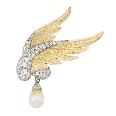 Lot 382 - Gold, Platinum, Diamond and Natural Pearl Bird Brooch, Verdura