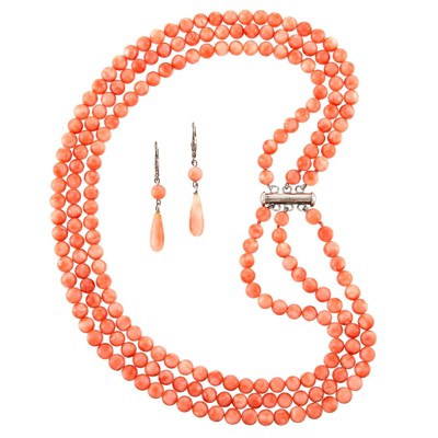 Lot 1252 - Triple Strand Coral Bead Necklace with Sterling Silver Clasp and Pair of Earrings