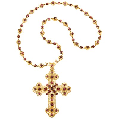Lot 1037 - Gold and Cabochon Garnet Cross Pendant-Necklace