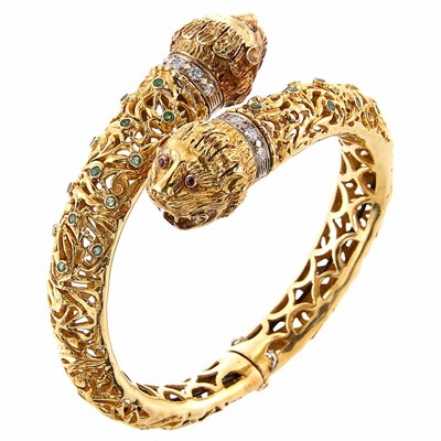 Lot 1038 - Gold, Diamond and Gem-Set Animal Head Bangle Bracelet