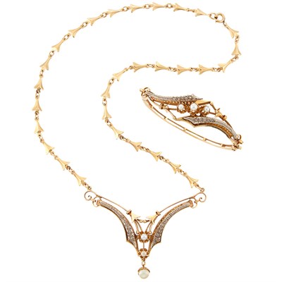 Lot 1127 - Gold, Cultured Pearl and Diamond Bangle Bracelet and Necklace