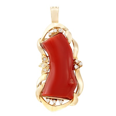 Lot 51 - Gold, Oxblood Coral and Diamond Pendant