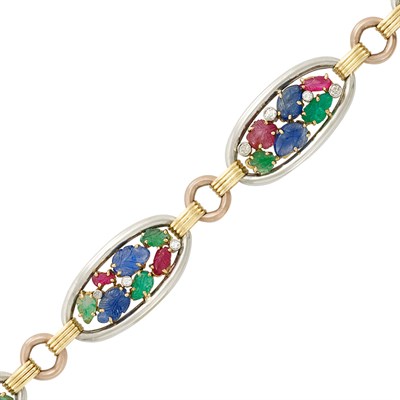 Lot 136 - Two-Color Gold, Palladium, Platinum, Carved Colored Stone and Diamond 'Tutti Frutti' Bracelet