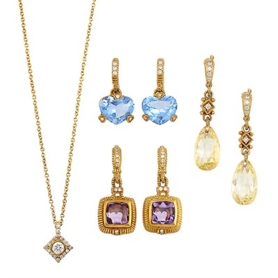 Lot 1200 - Two Pairs of Gold, Multicolored Stone and Diamond Earrings and Necklace, Judith Ripka, and Pair of Earrings