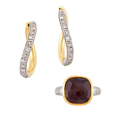 Lot 1197 - Pair of Two-Color Gold and Diamond Earrings and Ring
