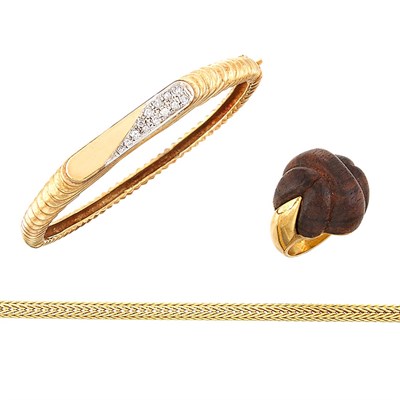 Lot 1220 - Gold Bracelet, Gold Bangle Bracelet and Gold and Wood Ring