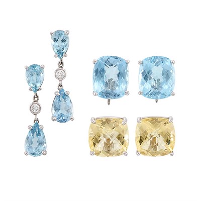 Lot 1237 - Three Pairs of White Gold, Multicolored Stone and Diamond Earrings