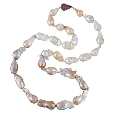 Lot 1187 - Baroque Cultured Pearl Necklace with Black Rhodium Plated White Gold, Ruby and Diamond Clasp