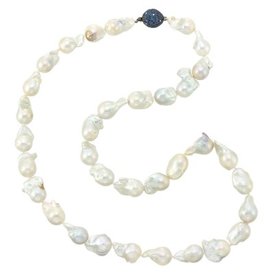 Lot 1162 - Baroque Cultured Pearl Necklace with White Gold, Sapphire and Diamond Clasp