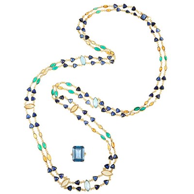 Lot 1165 - Double Strand Gold-Tone Metal, Multicolored Synthetic Stone Necklace and Gold and Blue Topaz Ring