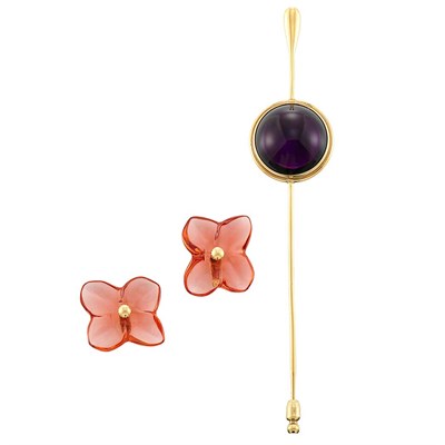 Lot 1230 - Pair of Gold and Carved Glass Flower Earrings, Baccarat, and Gold-Tone Metal and Glass Jabot, Lalique