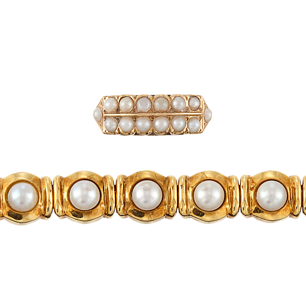Lot 1199 - Gold and Cultured Pearl Bracelet and Ring