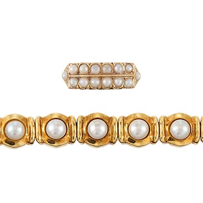 Lot 1199 - Gold and Cultured Pearl Bracelet and Ring