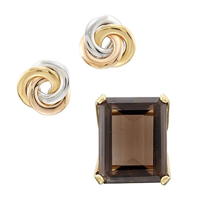 Lot 1198 - Gold and Smoky Quartz Ring and Pair of Tricolor Gold Interlocking Circle Earrings
