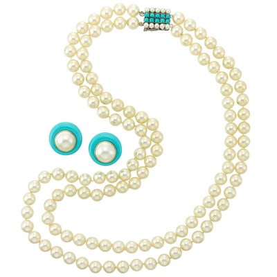 Lot 1205 - Double Strand Cultured Pearl Necklace with White Gold, Imitation Turquoise and Cultured Pearl Clasp and Pair of Earrings