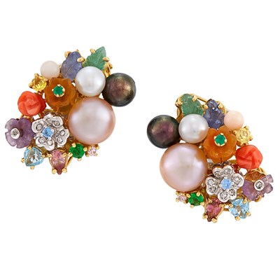 Lot 1170 - Pair of Cultured Pearl, Diamond, Sapphire, Coral, Emerald and Aquamarine Earclips