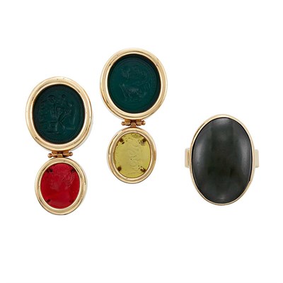 Lot 1195 - Pair of Gold and Glass Intaglio Seal Earclips and Gold and Cabochon Green Stone Ring