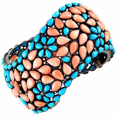 Lot 1176 - Gold, Imitation Turquoise and Coral and Diamond Bangle Bracelet