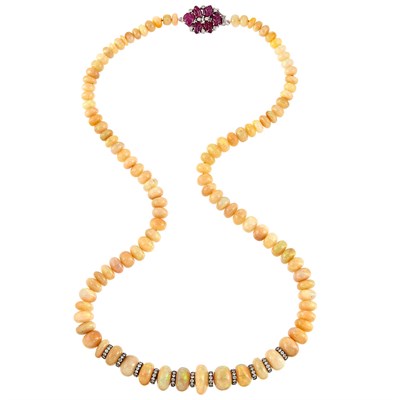 Lot 1178 - Graduated Opal and Diamond Necklace with White Gold, Carved Ruby and Diamond Clasp