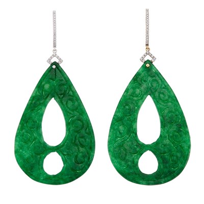 Lot 1168 - Pair of White Gold, Carved Jade and Diamond Earrings