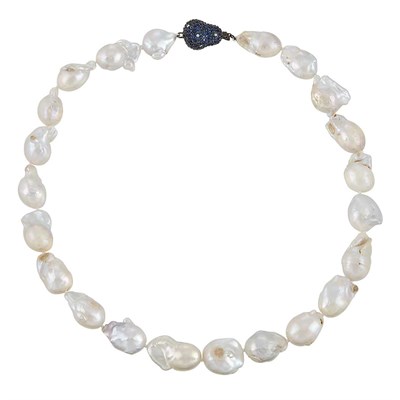 Lot 1167 - Baroque Cultured Pearl Necklace with Black Rhodium Plated White Gold, Sapphire and Diamond Clasp