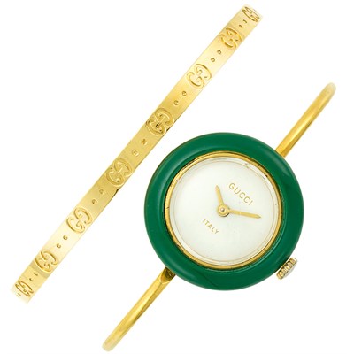 Lot 1194 - Gold Bangle Bracelet and Lady's Gold-Tone Metal and Plastic Bangle Wristwatch, Gucci