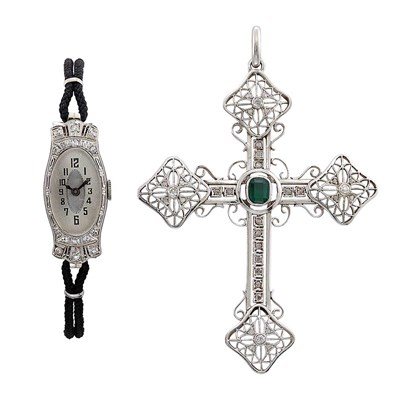 Lot 1209 - White Gold, Emerald and Diamond Cross Pendant and Lady's White Gold, Metal, Cord and Diamond Wristwatch