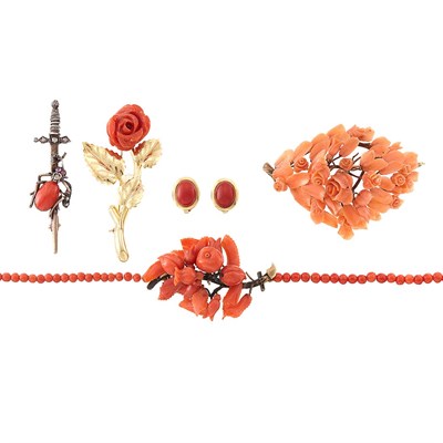 Lot 1207 - Group of Gold, Metal and Coral Jewelry