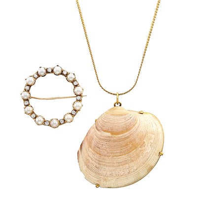 Lot 1228 - Gold and Shell Pendant with Gold-Tone Metal Chain, Tiffany & Co., Schlumberger, and Gold, Pearl and Diamond Circle Pin, Cartier