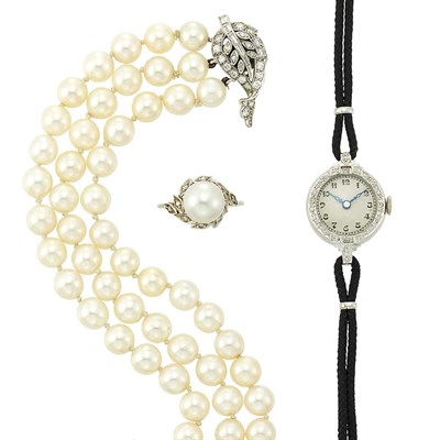 Lot 1234 - Triple-Strand Cultured Pearl Bracelet with White Gold Clasp and Ring and Lady's Platinum and Diamond Wristwatch