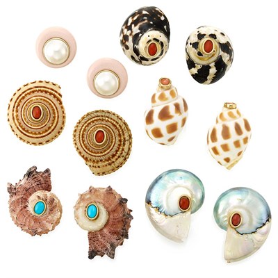 Lot 1203 - Six Pairs of Shell and Hardstone Earclips