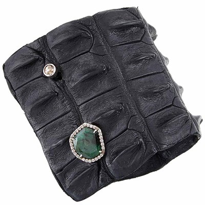 Lot 1185 - Leather Cuff Bracelet with Diamond and Emerald Clasp