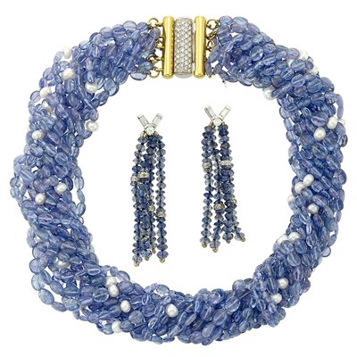 Lot 1201 - Multistrand Iolite Bead and Cultured Pearl Necklace with Diamond Clasp and Pair of Sapphire Bead and Diamond Pendant-Earrings