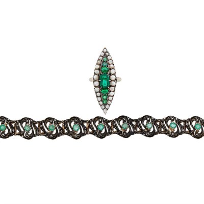 Lot 1208 - Emerald and Cultured Pearl Ring and Sterling Silver, Gold, Emerald and Diamond Bracelet