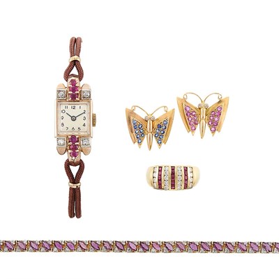 Lot 1211 - Gold, Ruby and Diamond Bracelet, Ring and Wristwatch and Pair of Gold and Sapphire Butterfly Earrings