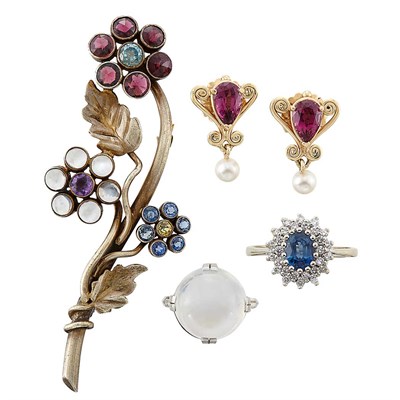 Lot 1219 - Silver and Gem-Set Pin, Metal and Moonstone Ring, Synthetic Sapphire and Diamond Ring and Pair of Garnet and Cultured Pearl Earrings