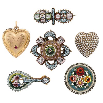 Lot 1221 - Four Metal and Micromosaic Pins, Gold and Split Pearl Heart Pin and Gold-Filled Heart Pendant-Locket