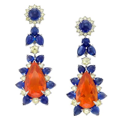 Lot 243 - Pair of Platinum, Fire Opal, Light Yellow Diamond and Cabochon Sapphire Pendant-Earrings