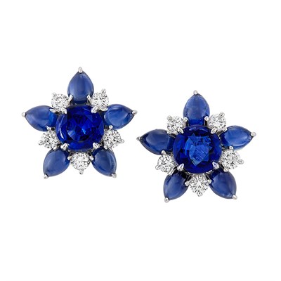 Lot 359 - Pair of Platinum, Sapphire, Cabochon Sapphire and Diamond Earrings