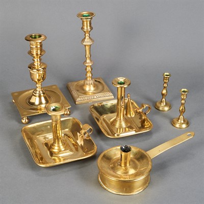 Lot 258 - Group of Seven Brass Candlesticks, Tapersticks...