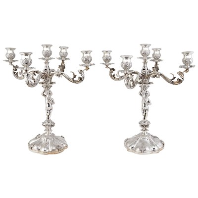 Lot 382 - Pair of Italian Silver Five-Light Figural...