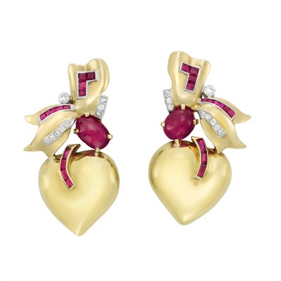 Lot 59 - Pair of Gold, Platinum, Cabochon Ruby, Ruby and Diamond Clip-Brooches, Seaman Schepps
